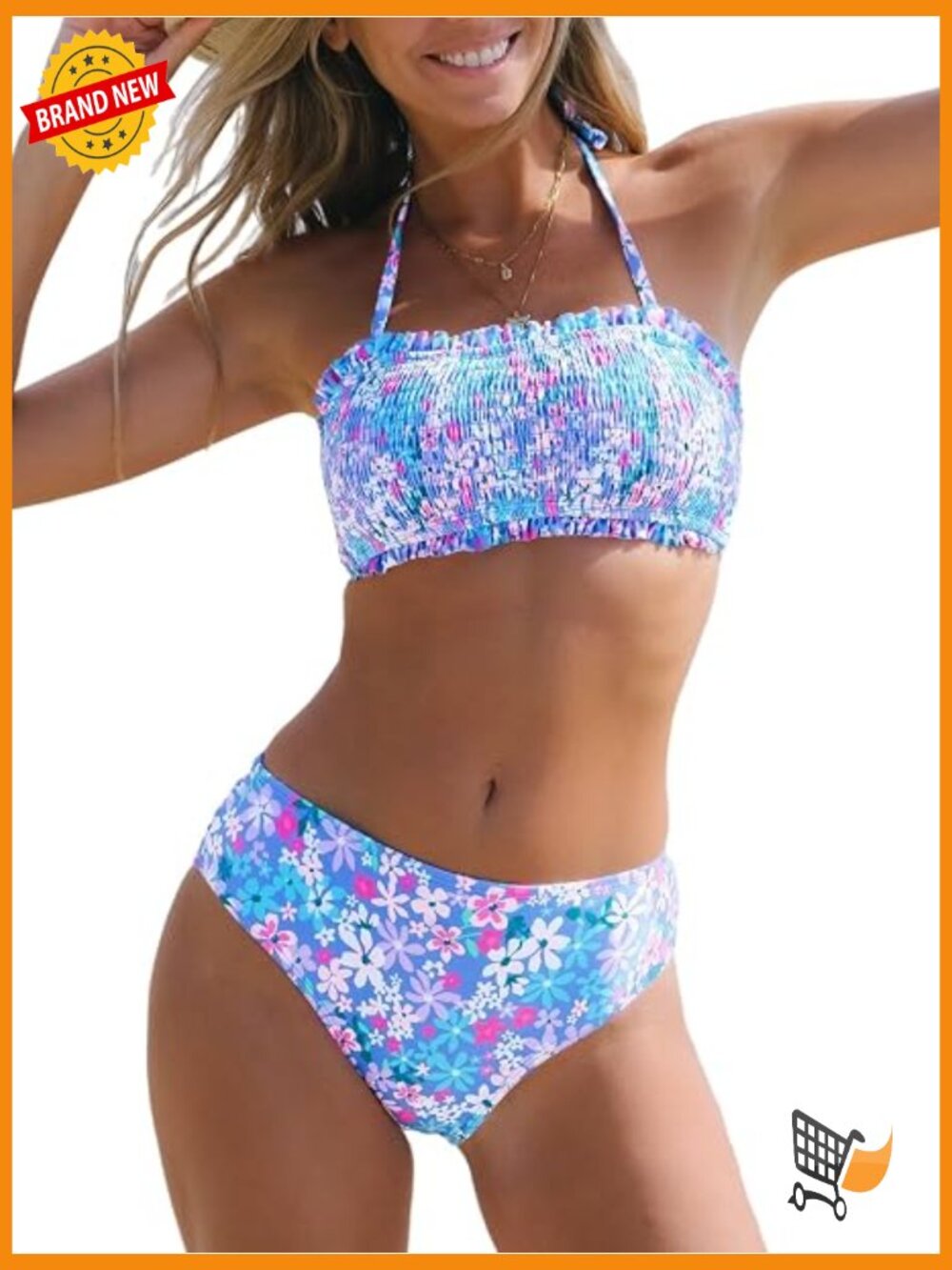 Two Piece Swimsuit Bandeau Top Mid Waisted Bottom with Removable Straps